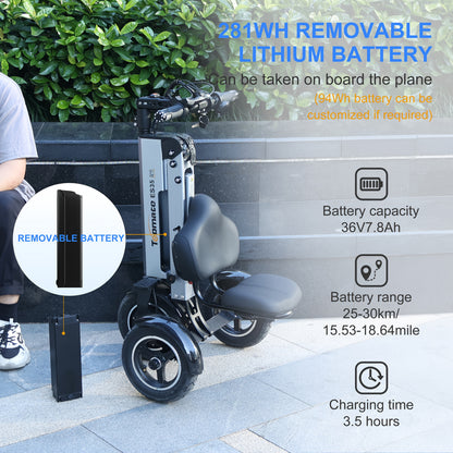 10-Inch Folding Electric Tricycle (With Adult Backrest Seat), an Electric Scooter Equipped with a 36V 7.8Ah Removable Battery, Featuring Reverse Assist And 3-Speed Gear Adjustment
