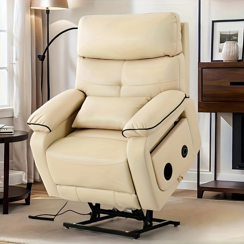 Infinite Position Electric Lift Recliner with Wireless Charger and Cup Holder, Vibration Massage and Heating, Genuine Faux Leather, Beige, Brown Silvery Gray Color Optional