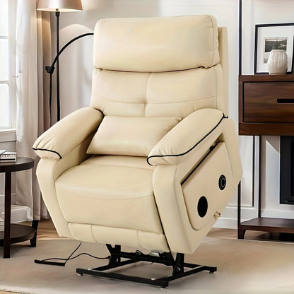 Infinite Position Electric Lift Recliner with Wireless Charger and Cup Holder, Vibration Massage and Heating, Genuine Faux Leather, Beige, Brown Silvery Gray Color Optional