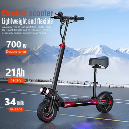 Folding Electric Scooter, 700W Motor, 19 MPH Top Speed, 11-Inch Large Tires, 31-Mile Range, Single Drive, Black and Red, with LED Lights and Seat