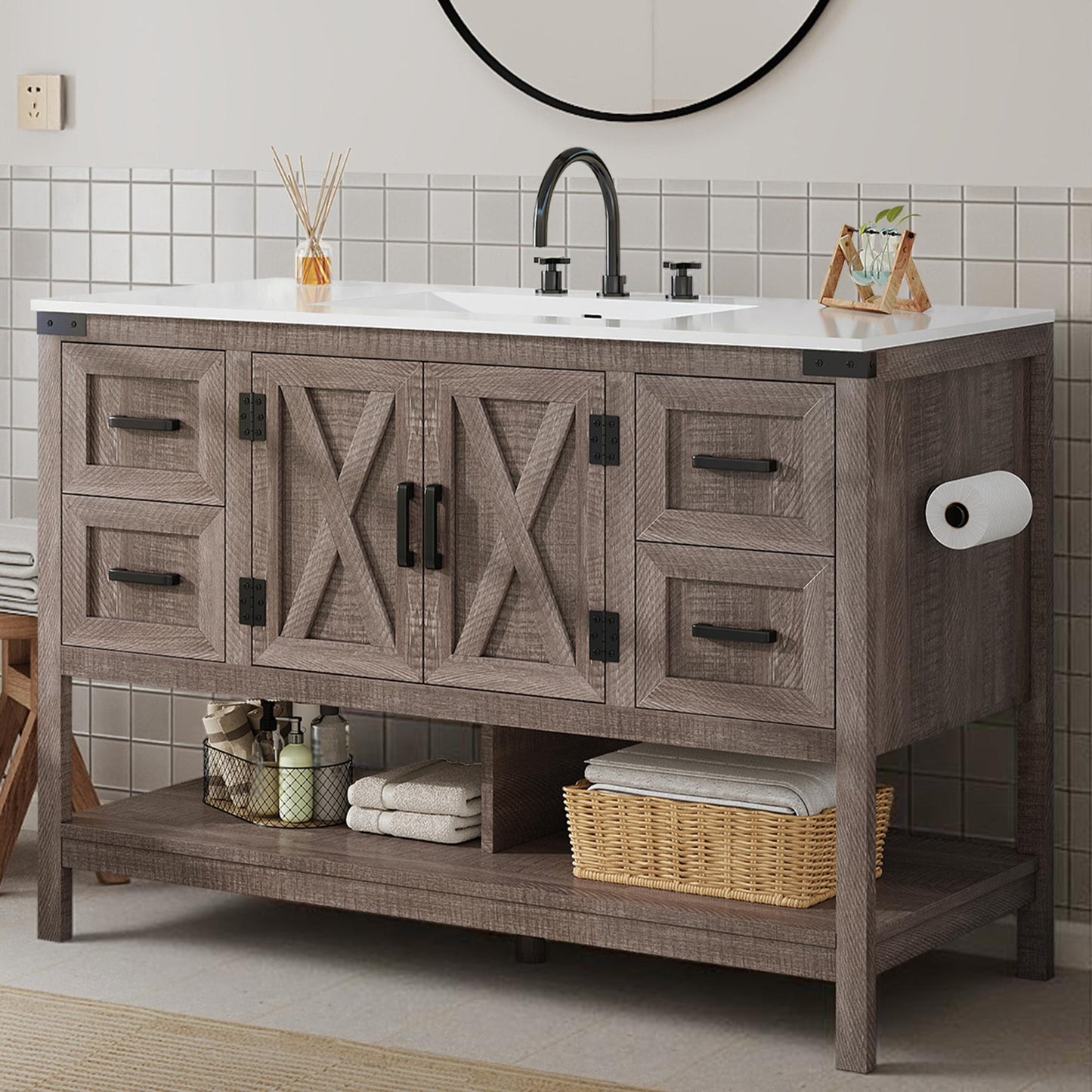 48 Inch Modern Farmhouse Bathroom Vanity with Barn Door Cabinet & 4-Drawer Storage - & Wood Tone Freestanding Sink Unit, Engineered Wood/MDF Suitable for Bathrooms