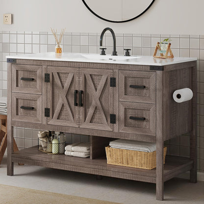 48 Inch Modern Farmhouse Bathroom Vanity with Barn Door Cabinet & 4-Drawer Storage - & Wood Tone Freestanding Sink Unit, Engineered Wood/MDF Suitable for Bathrooms