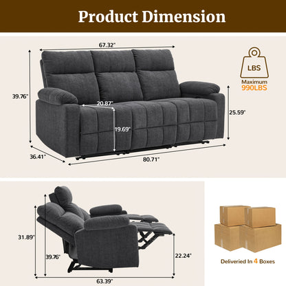 Three-Person Sofa Design, Middle Backrest Flip Design, Three-Seat Reclining Sofa, Recliner Sofa with USB Port, Manual Living Room Sofa