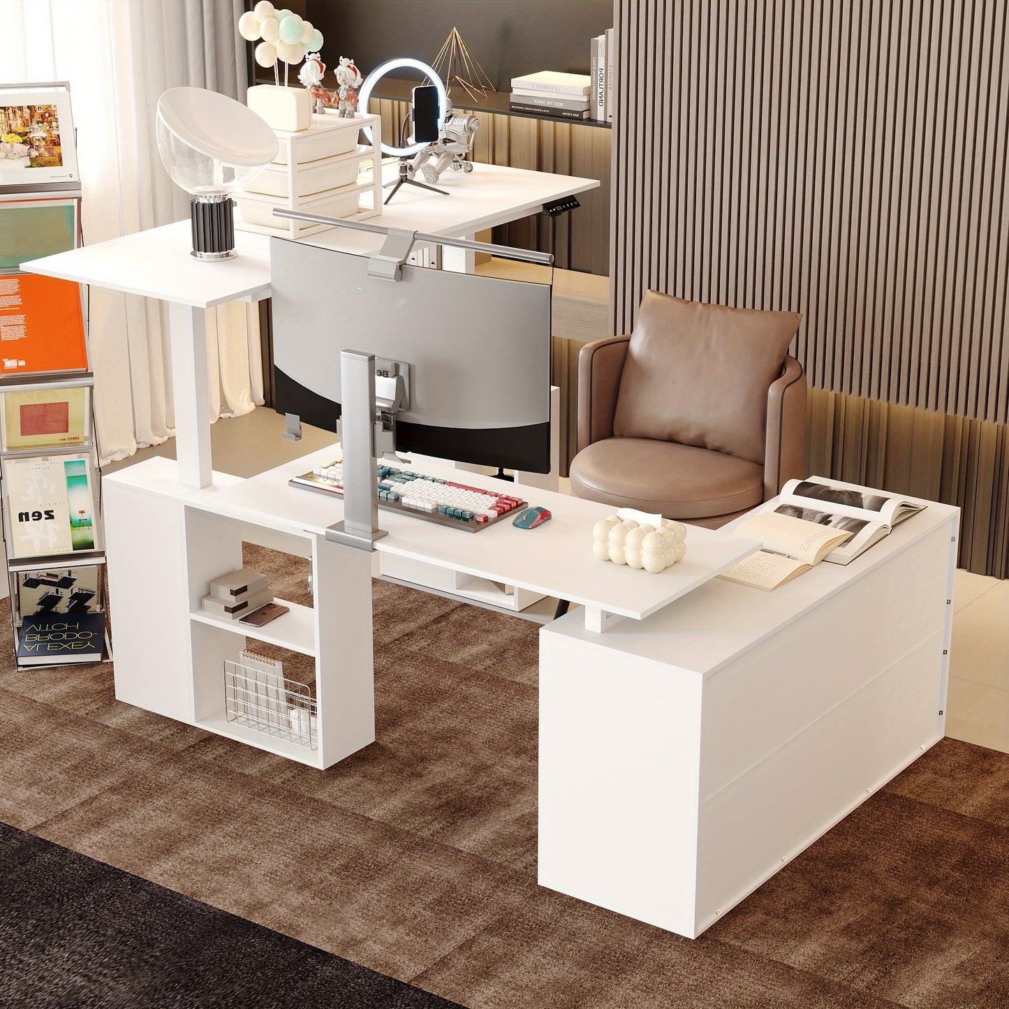 Electric Height Adjustable Standing Computer Desk With Open Storage Shelves, Adjustable Height Office Desk With With Drawer, Administrative Corner Desk, Modern Design, White
