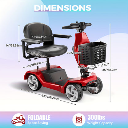 Foldable 4-Wheel Scooter for Seniors | 16 Miles Range | LED Headlight & Removable Storage Basket | Lightweight Portable Design, Fits In Car Trunk | Durable Frame for Indoor & Outdoor Use