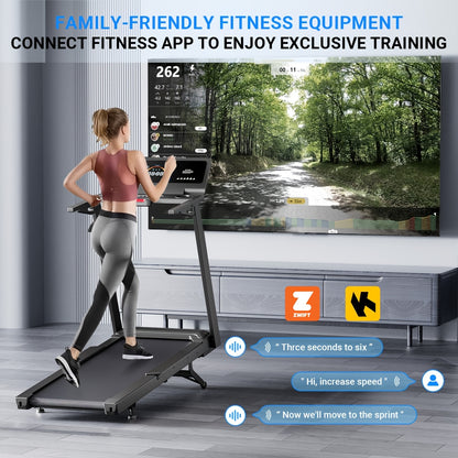 Treadmill with 15% Auto Incline And Handle Bar, 4.5HP Treadmill 500lbs Capacity, Foldable Treadmill for Small Space, 1.0-10 MPH, ZWIFT/KINOMAP APP & LED Display, Easy to Move, Heavy Duty Treadmill for Home Gym