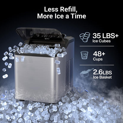 Typhur Fast Nugget Ice Maker Countertop with Self - Cleaning Pump, 35lbs 24H Cru Pebble Ice Machine with Pellet Ice, 8 Packs Cleaner, Dual Ice Scoops for Home, Kitchen, Party, RV, Stainless Steel