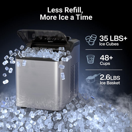 Typhur Fast Nugget Ice Maker Countertop with Self - Cleaning Pump, 35lbs 24H Cru Pebble Ice Machine with Pellet Ice, 8 Packs Cleaner, Dual Ice Scoops for Home, Kitchen, Party, RV, Stainless Steel