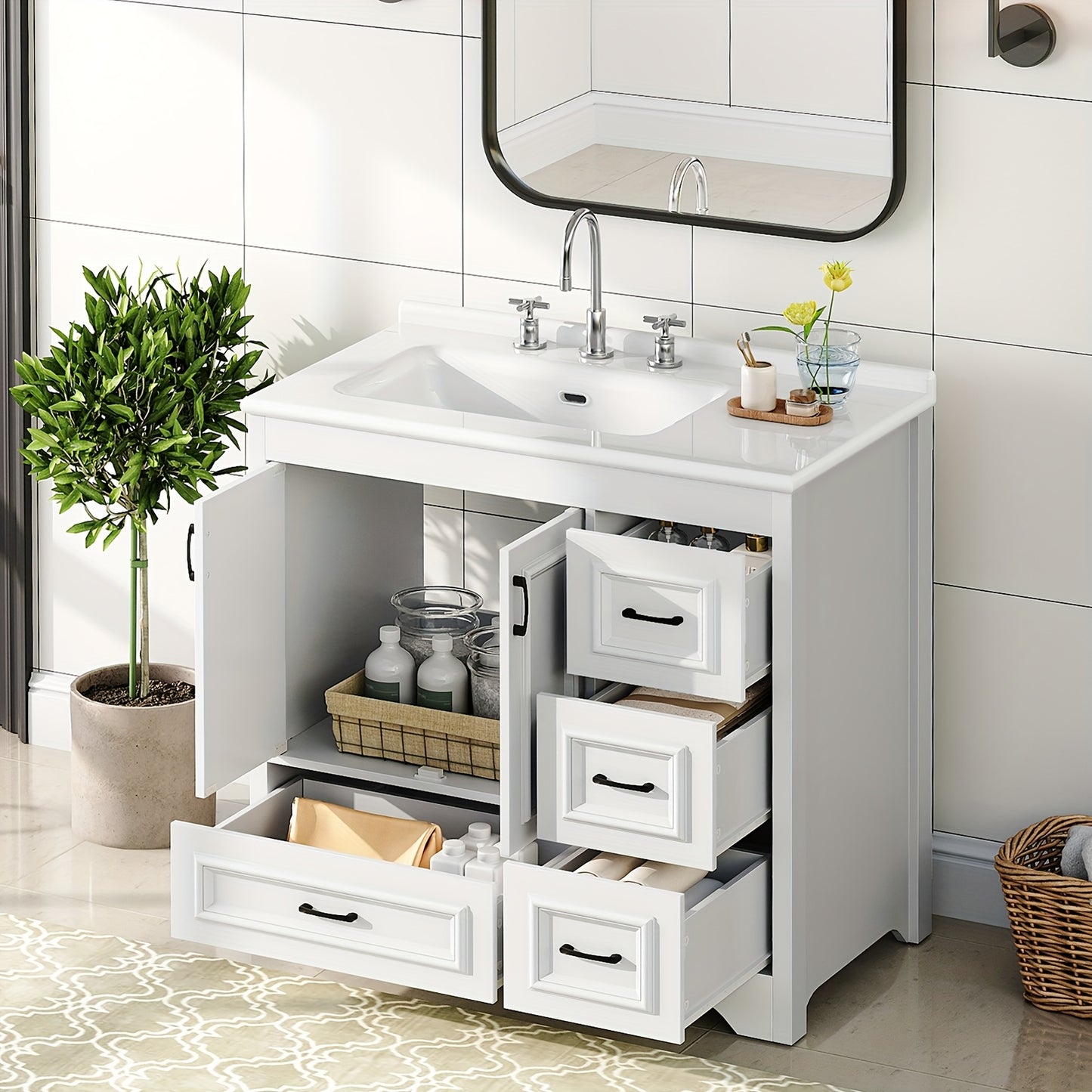 White Bathroom Vanity with Sink, Modern Storage Cabinet with Ceramic Countertop, Drawers And Cabinet, Arc Bottom Design And Metal Glides, Drain Kit Not Included, for Bathroom