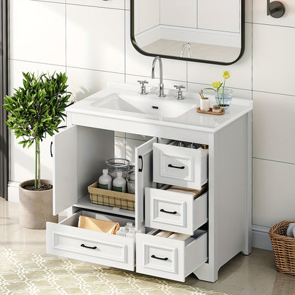 White Bathroom Vanity with Sink, Modern Storage Cabinet with Ceramic Countertop, Drawers And Cabinet, Arc Bottom Design And Metal Glides, Drain Kit Not Included, for Bathroom