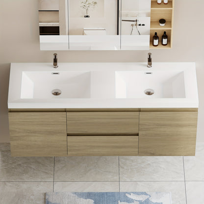 60" Modern Floating Wall-Mounted Bathroom Vanity with Double Sink - Natural Oak Wood, Large Storage & Soft-Close Drawers, One-Piece White Resin Countertop Sink, Space-Saving Design, Easy Install (Faucet/Drain Not Included)