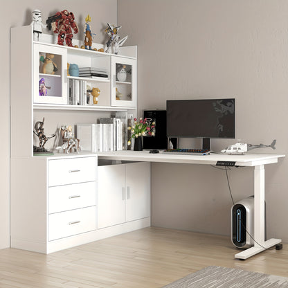 Electric Height Adjustable Computer Desk With 3 Drawers, 1 Cabinet & 2 Open Shelves, L-shaped Computer Desk With Glass Doors & Open Counter, Study Writing Table, For Office, White