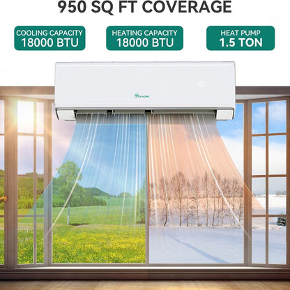 2-Zone Mini Split Heat Pump 18K BTU (9K+12K), SEER2 Wifi Ductless Air Conditioner, Cooling Area Up to 950 Square Feet, 208-230V, Compatible with Alexa, All White System