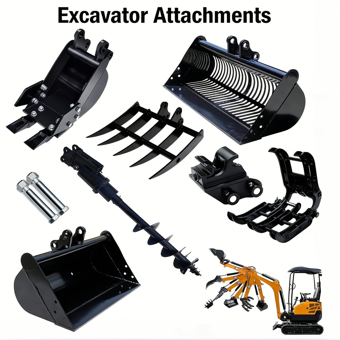 Set of 8 Mini Excavator Attachments Including Quick Hitch, Narrow Bucket, Ripper, Rake, Auger, Grapple, And Screening Bucket for Small Diggers, Available in USA Stock
