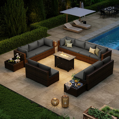 PATIOFIT 8/12/15pcs Outdoor Patio Furniture Set with 40in Fire Pit Table Wicker Rattan Sectional Sofa with Thick Cushions, Coffee Table & Waterproof Cover, Beige Cushions