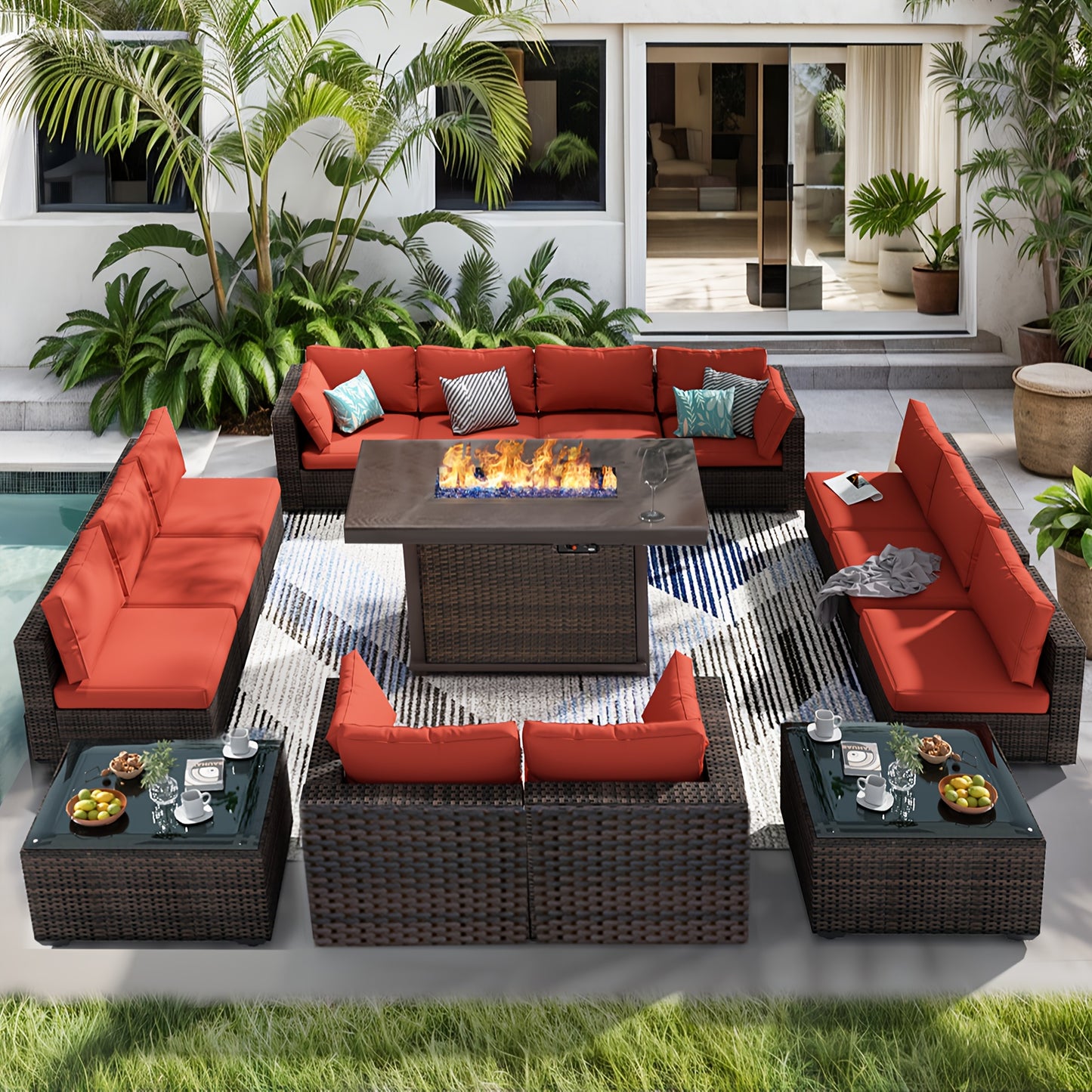 15pcs Patio Furniture Sectional Sofa with Fire Pit Table, Outdoor PE Rattan Patio Conversation Set with Glass Coffee Tables And Cushions for Garden, Poolside, Backyard