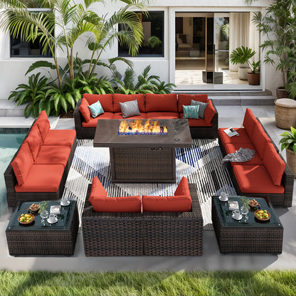 15pcs Patio Furniture Sectional Sofa with Fire Pit Table, Outdoor PE Rattan Patio Conversation Set with Glass Coffee Tables And Cushions for Garden, Poolside, Backyard