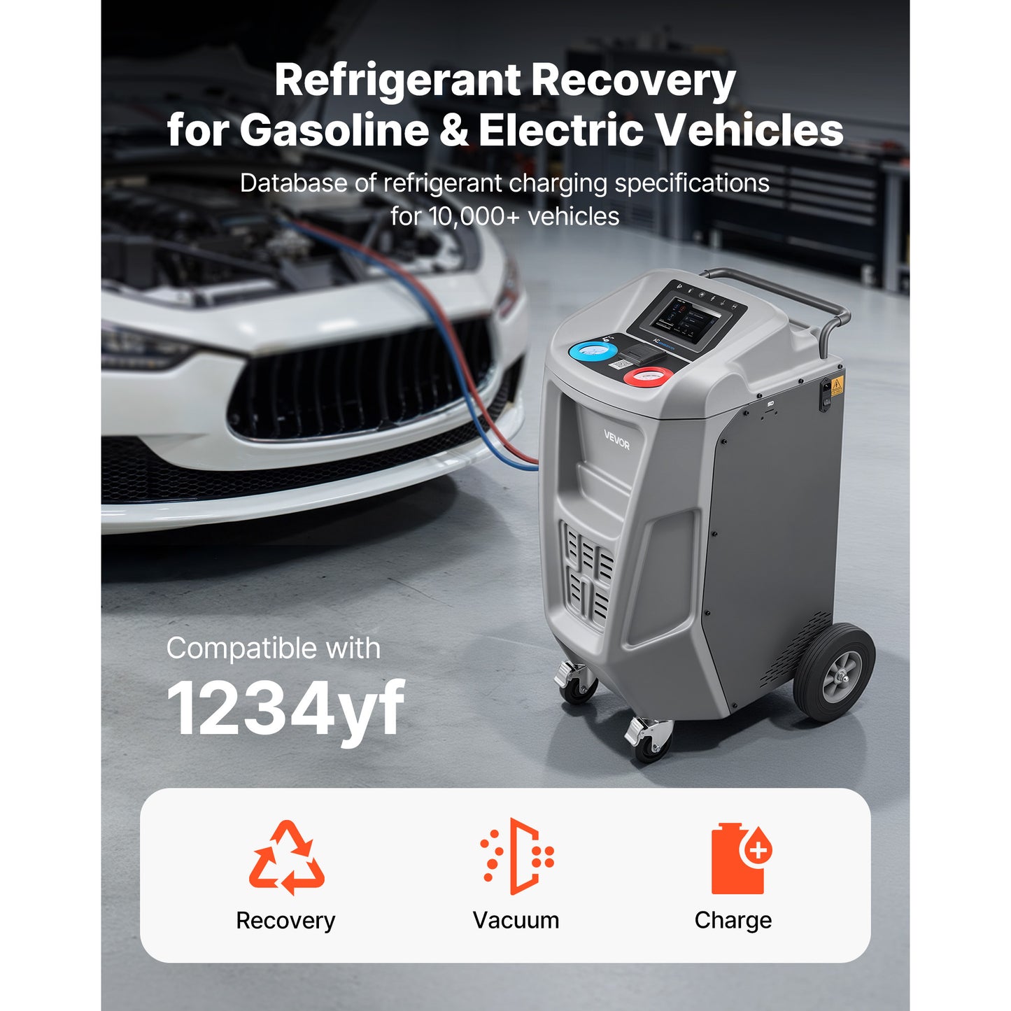 Fully Automatic Refrigerant Recovery Machine for 1234yf, ≥98.5% Accuracy, 7-Inch Touch Screen, AC Recovery, Vacuum, and Recharging Machine for Standard and High Voltage Automotive A/C Systems