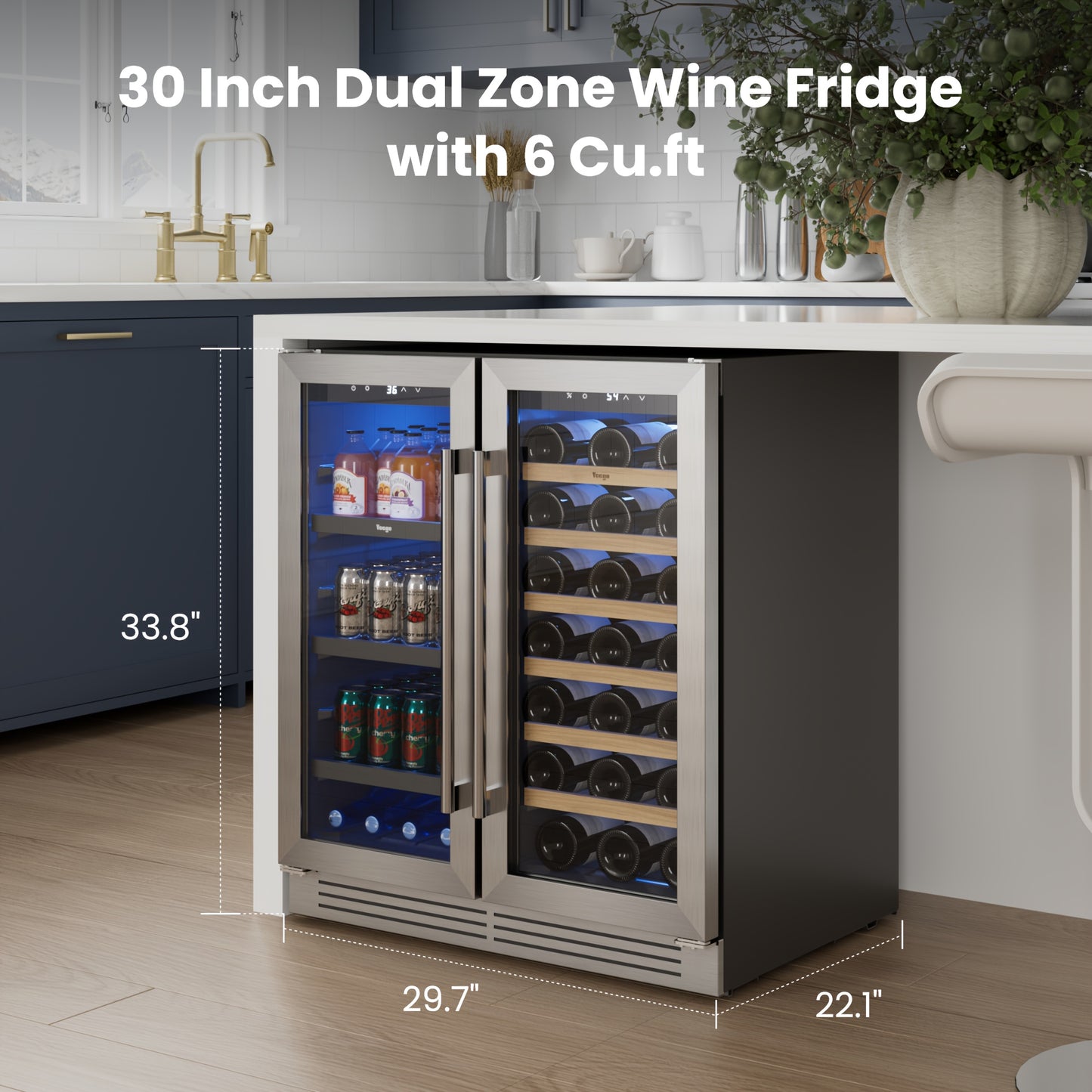 Yeego Wine And Beverage Refrigerator, 30 Inch Dual Zone Wine & Beverage Cooler, 33 Bottles & 80 Cans, Freestanding/Built-in Glass Door with Digital Control & Blue LED Display, 36-72°F Double Door Wine Refrigerator, Ideal for Bar/Home/Restaurant