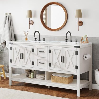 PAPAJET 60-inch Modern Farmhouse Double Sink Bathroom Vanity with Cabinets, Drawers & Open Shelf - /MDF Suitable for Family Bathrooms, Space-Saving, Ample Storage, Low-Maintenance for Resale Value