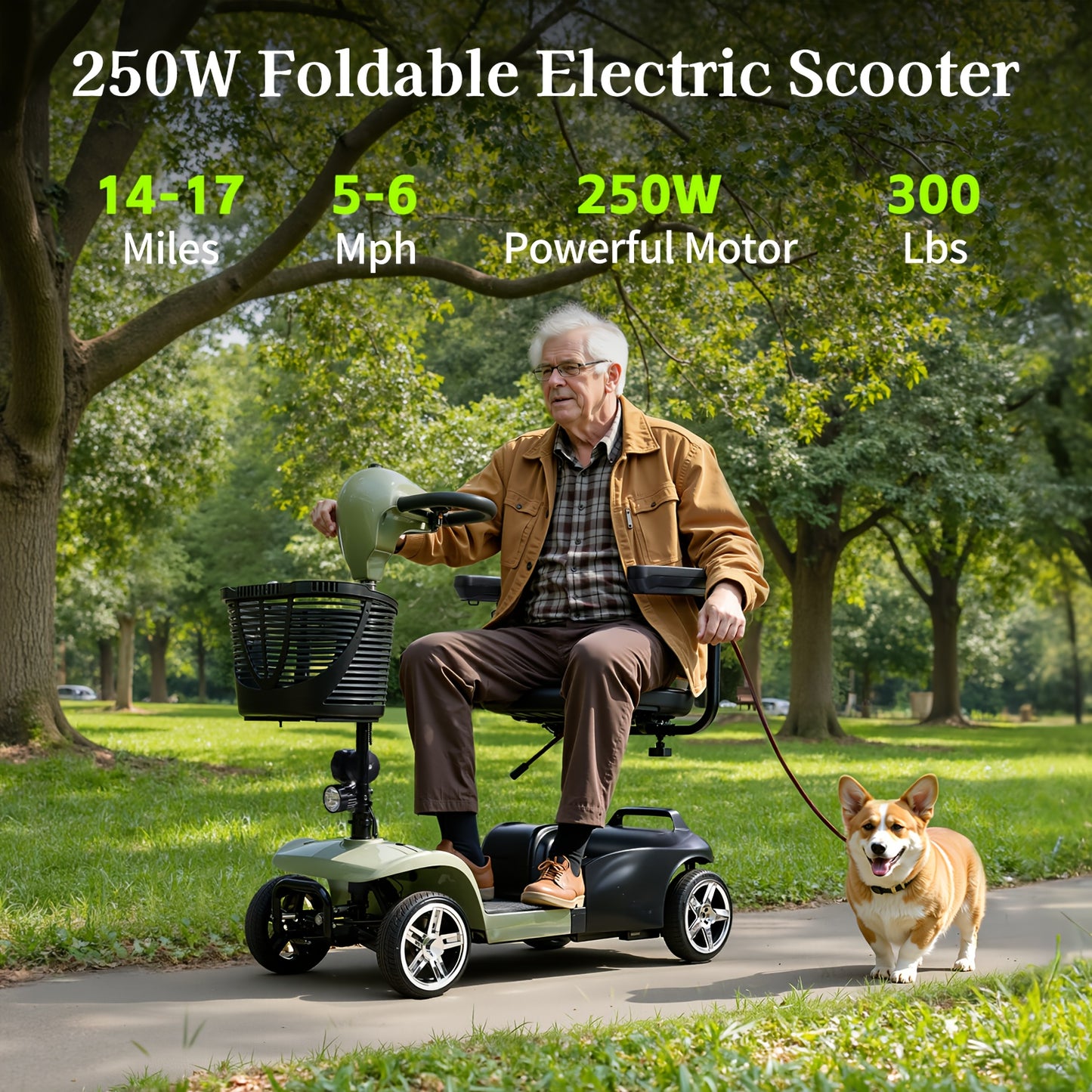 250W Foldable Electric Scooter, 24V 15.5Ah Battery, Offers A 14-17 Mile Range And Speeds Of 5-6 Mph. It Features Tires, Supports 300 Lbs, And Includes A Charger, Phone Holder, And Tool Kit, Ideal For Senior Shopping Trips.Best Holiday Gift