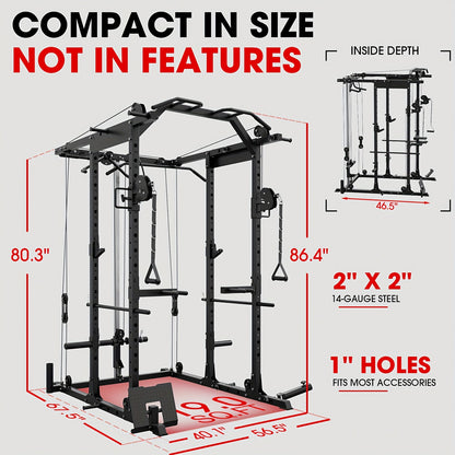 8-in-1 Power Rack Cage With 1500lb Capacity & Cable Crossover Machine - Multi-Function Squat Rack With J-Hooks, Dip Bars, And Landmine - Comprehensive Plate-Loaded Home Gym Equipment (Red)