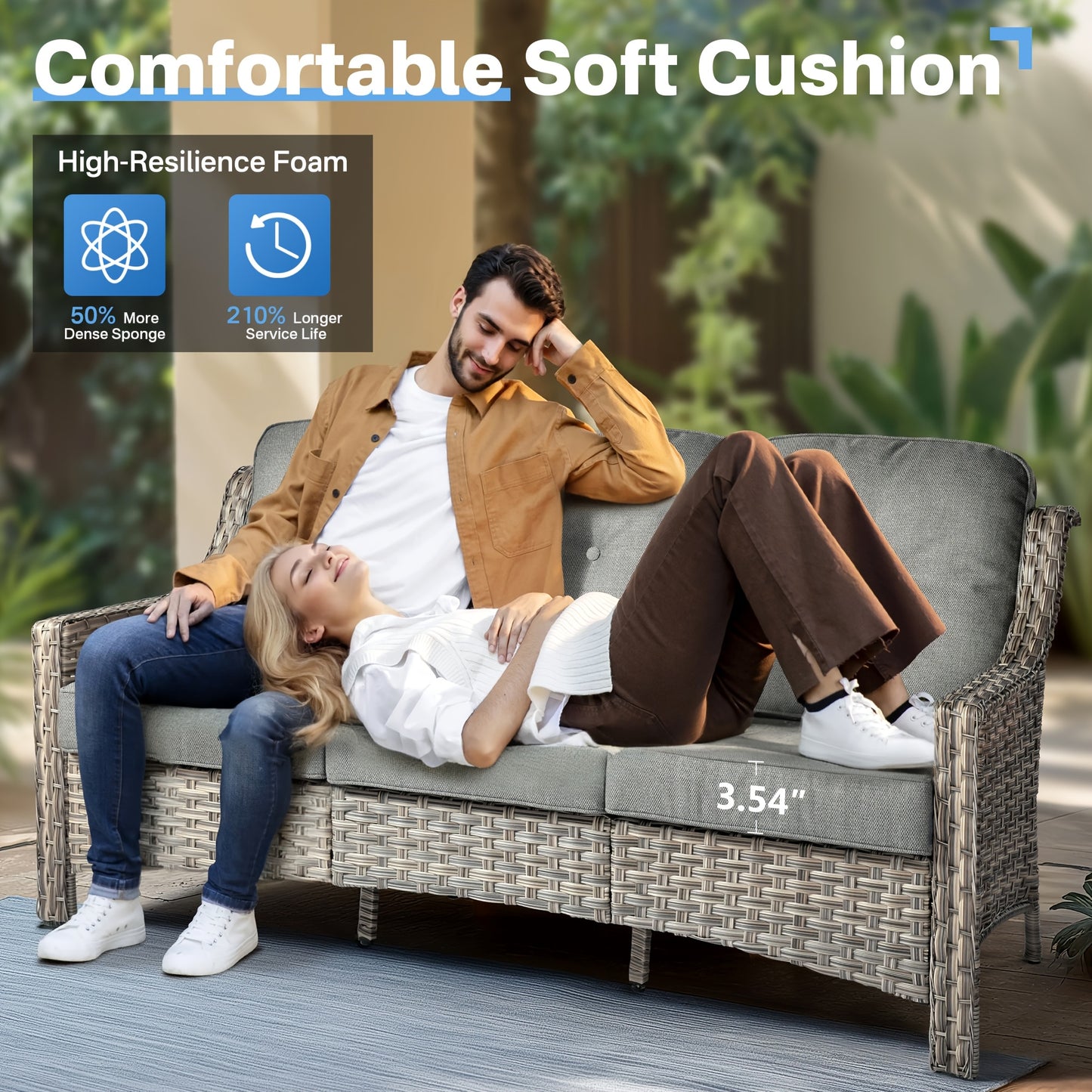 5pcs Outdoor Patio Furniture Set with 2 Swivel Chairs, 1 Outside Sofa, 1 Side Table and 1 Solar Lighting Glass Coffee Table - All-Weather Wicker Patio Conversation Set Modern Design for Garden, Deck, and Porch Decor