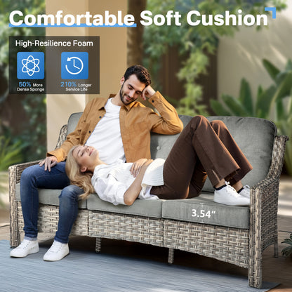 5pcs Outdoor Patio Furniture Set with 2 Swivel Chairs, 1 Outside Sofa, 1 Side Table and 1 Solar Lighting Glass Coffee Table - All-Weather Wicker Patio Conversation Set Modern Design for Garden, Deck, and Porch Decor