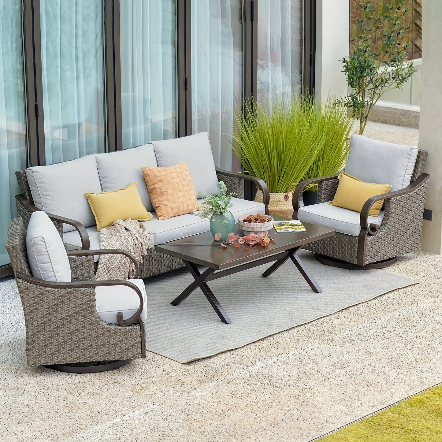 4pcs Frame Wicker Patio Furniture Set with Cushioned Swivel Rocking Chairs & Coffee Table - -Weather Indoor/Outdoor Sofa Suitable for, Deck, Poolside, for Celebrations