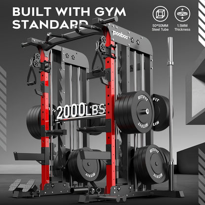 HASIMAN Multi-Functional Power Rack Cage with 2000 Pounds Capacity, LAT Pull Down J-Hooks, Dip Bars, T-Bar, Cable Handles And Other Attachments, Home Gym Exercise Machine, Comprehensive Workout Equipment