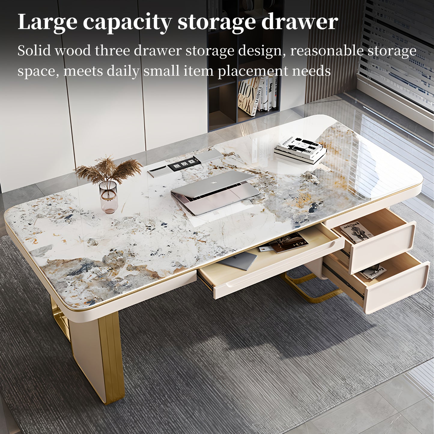Luxury Marble Top Desk with Golden Frame - Modern Minimalist Writing Table Suitable for Home Office, Study Room, Bedroom, Marble Tabletop & Golden Frame, Assembly, Space-Saving for Small Spaces, Assembly Required