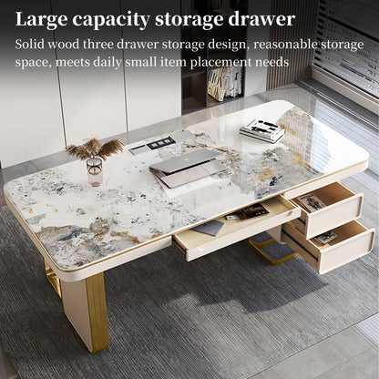 Luxury Marble Top Desk with Golden Frame - Modern Minimalist Writing Table Suitable for Home Office, Study Room, Bedroom, Marble Tabletop & Golden Frame, Assembly, Space-Saving for Small Spaces, Assembly Required