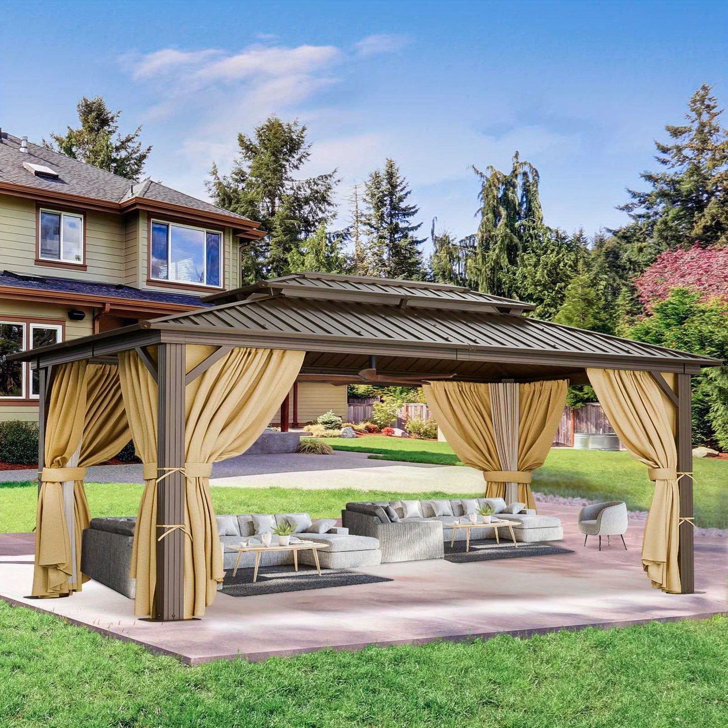 10x15ft Heavy-duty hard-roofed pavilions, outdoor pavilions for patios and backyards, heavy-duty pavilions with aluminum frames, pavilions with galvanized steel double roofs, flame-retardant curtains and mesh, thicken frames, sturdy and durable