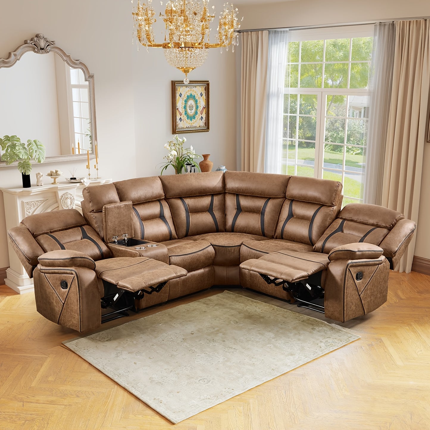 Contemporary Synthetic Faux Leather Reclining Sofa Collection, 5-Seater Couch Featuring Cup Holders And Storage, Ideal for Living Rooms And Offices