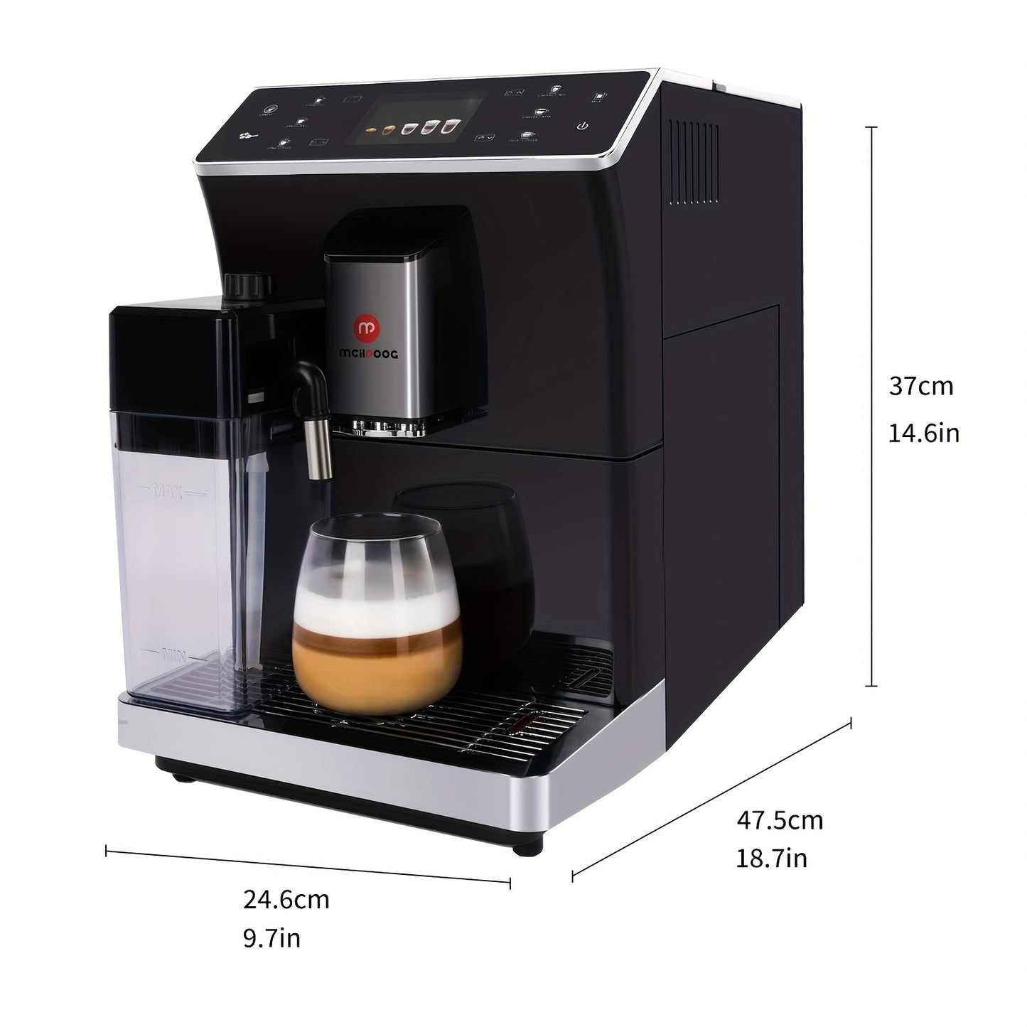 Mcilpoog Super Automatic Espresso Coffee Machine, Fully Automatic Espresso Machine With Grinder, Easy To Use Touch Screen Coffee Maker With Milk Frother.