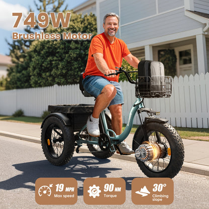 Adult Electric Tricycle, 20" Fat Tire Foldable Electric Tricycle with 749W Brushless Motor, 36V 15Ah Removable Battery Ebike 55Miles Range, 19MPH Cargo Tricycle with Basket, Suitable for Farm Work/Commuting/Travel