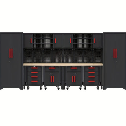 12pcs Heavy-Duty Steel Rolling Tool Box with Lockable Drawers & Cabinet - Heavy-Duty Steel Construction, 2-Tier Shelves, 3 Drawers, 2 Cabinets, Red Accents for Garage Workshop Storage (Black/Red), Workshop Organization,