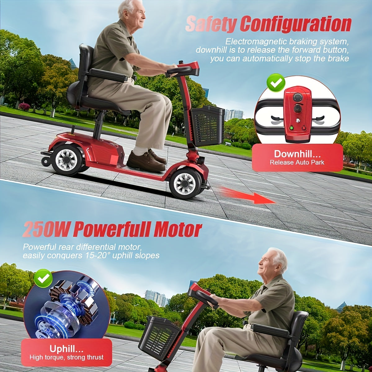 ightweight 4-Wheel Electric Mobility Scooter with Non-Slip All-Terrain Solid Tires, Front Basket, LED Headlight, Foldable Adult Mobility Scooter with Red/Black/Blue/Purple Colors, Senior Transportation, Safety Features Disabled Mobility Aid