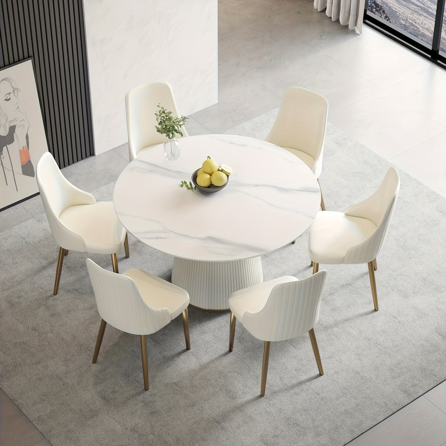 53" Circular Dining Table Suitable for 6-8 People (Table Only, Chairs Not Included), Perfect for Dining Rooms Or Kitchens, Featuring a Glossy Sintered Stone Top And a Beige Solid Wood Base, Ideal for Restaurants As Well