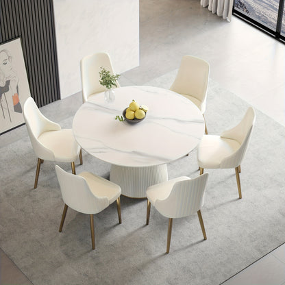 53" Circular Dining Table Suitable for 6-8 People (Table Only, Chairs Not Included), Perfect for Dining Rooms Or Kitchens, Featuring a Glossy Sintered Stone Top And a Beige Solid Wood Base, Ideal for Restaurants As Well