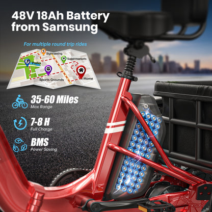 Electric Trike for Adult, Rear High-power Brushless Motor, 19MPH Commuter E-bike, 48V 18AH Cells Battery, Pickup Class 500 LB Load Electric Tricycle with 20" Tire And Large Basket, 60 Miles Range, for City And Mountain Road, Halloween Gift(Husky)