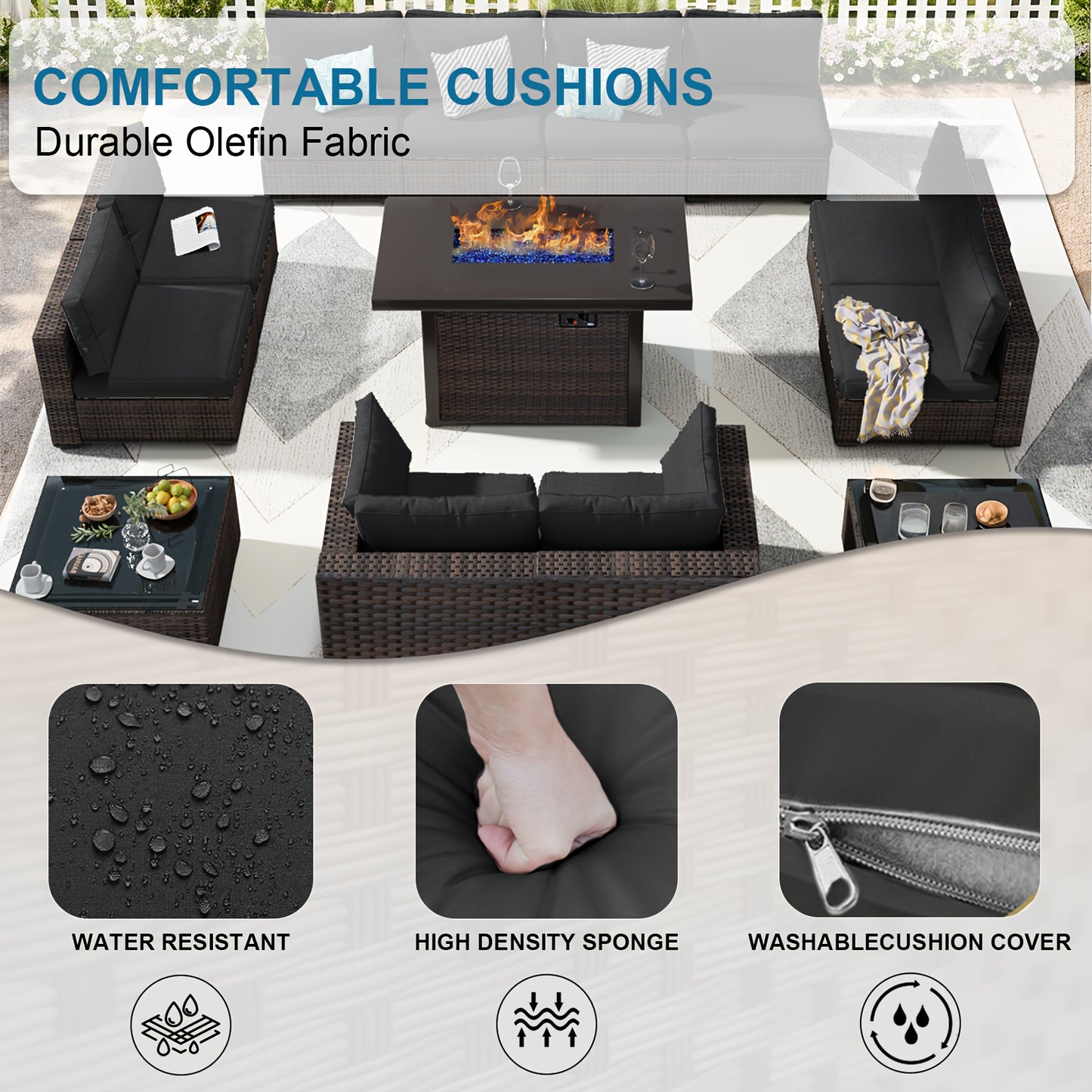 Outdoor Patio Furniture Set with Fire Pit Table, 13pcs Outdoor Furniture Set Patio Sectional Sofa W/42in Propane Fire Pit, PE Wicker Rattan Patio Conversation Sets