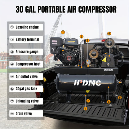 30 Gal Gas Powered Air Compressor 13HP 35CFM Gas Driven Piston Pump Air Compressed System with 125PSI Max. Pressure And ASME Tank for Worksho, Machinery, Construction Sites