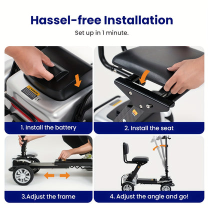 Lightweight Electric Mobility Scooter with Four Wheels, Designed for Seniors, Featuring a Foldable Carbon Fiber Frame And a Comfortable
