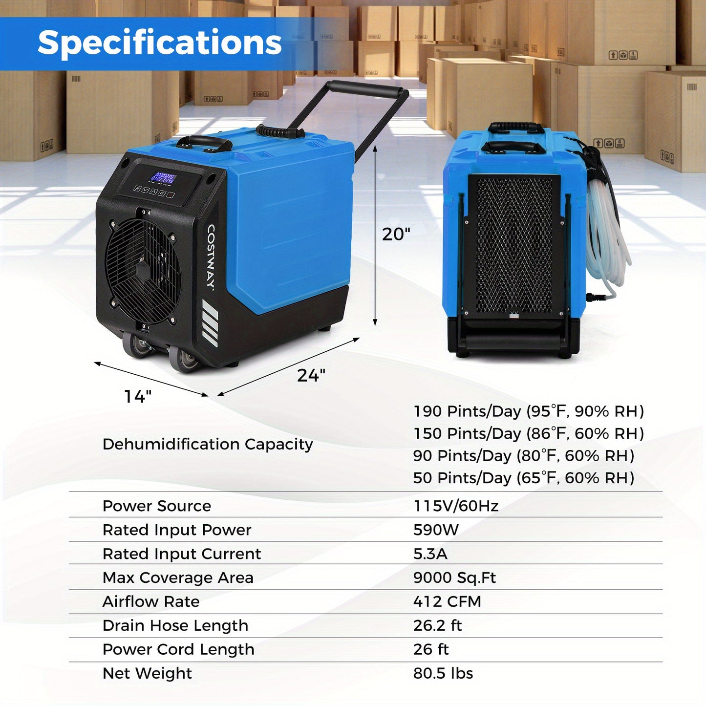 COSTWAY 190 PPD Commercial Dehumidifier W/ Pump, Rotational Molded Industrial Dehumidifier W/ 2 Wheels, Handle & Drain Hose for Water Damage Restoration, Basement, Crawl Space, Up to 9000 Sq. Ft