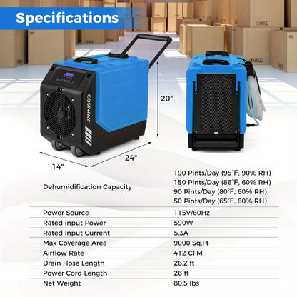 COSTWAY 190 PPD Commercial Dehumidifier W/ Pump, Rotational Molded Industrial Dehumidifier W/ 2 Wheels, Handle & Drain Hose for Water Damage Restoration, Basement, Crawl Space, Up to 9000 Sq. Ft