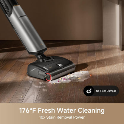 Plus Additional Cleaning Solution Smart Wet Dry Vacuum Cleaner Set, 20000Pa Cordless Vacuum Mop Featuring Zero Tangle, Hot Water Mopping for Tough Stains, 194F Hot Air Self-Drying, 180° Flat Laying, Push-In Charging Dock, LED Screen