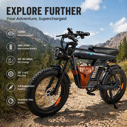 20" Fat Tire Electric Bike For Adults, 749W Peak Motor, 48V 25Ah Removable Battery, 19.88MPH, Aluminum Frame, With Phone Holder & Bag, All-Terrain, Best Value E-Bike For City Commuting, Beach Riding, Outdoor Travel, Perfect Gift For Men Women