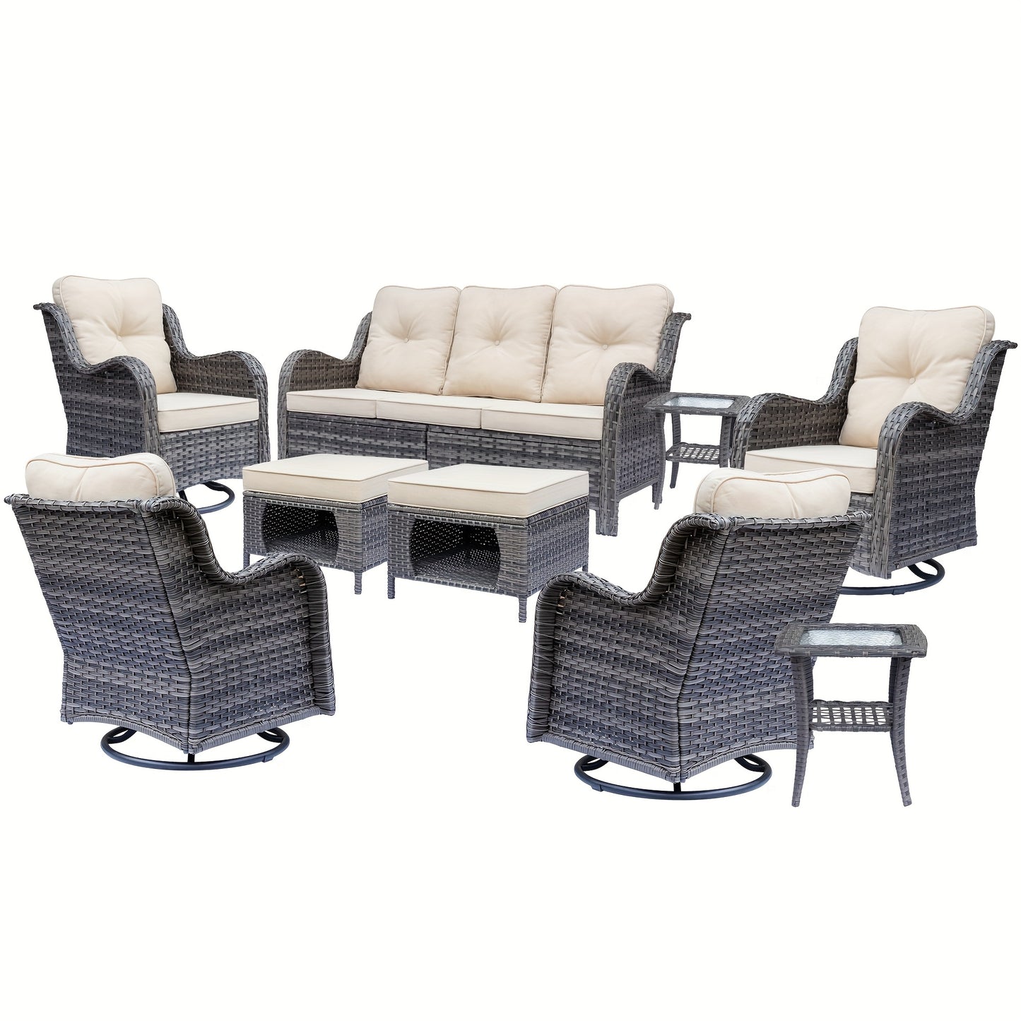 9pcs Outdoor Rattan Furniture Set Made from All-Weather Materials, Featuring 360° Swivel Rocking Chairs, a Sofa, Ottomans, And a Tempered Glass Side Table. This High-Quality Wicker Is Built to Last