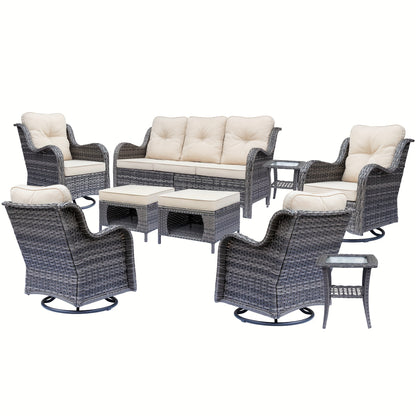 9pcs Outdoor Rattan Furniture Set Made from All-Weather Materials, Featuring 360° Swivel Rocking Chairs, a Sofa, Ottomans, And a Tempered Glass Side Table. This High-Quality Wicker Is Built to Last